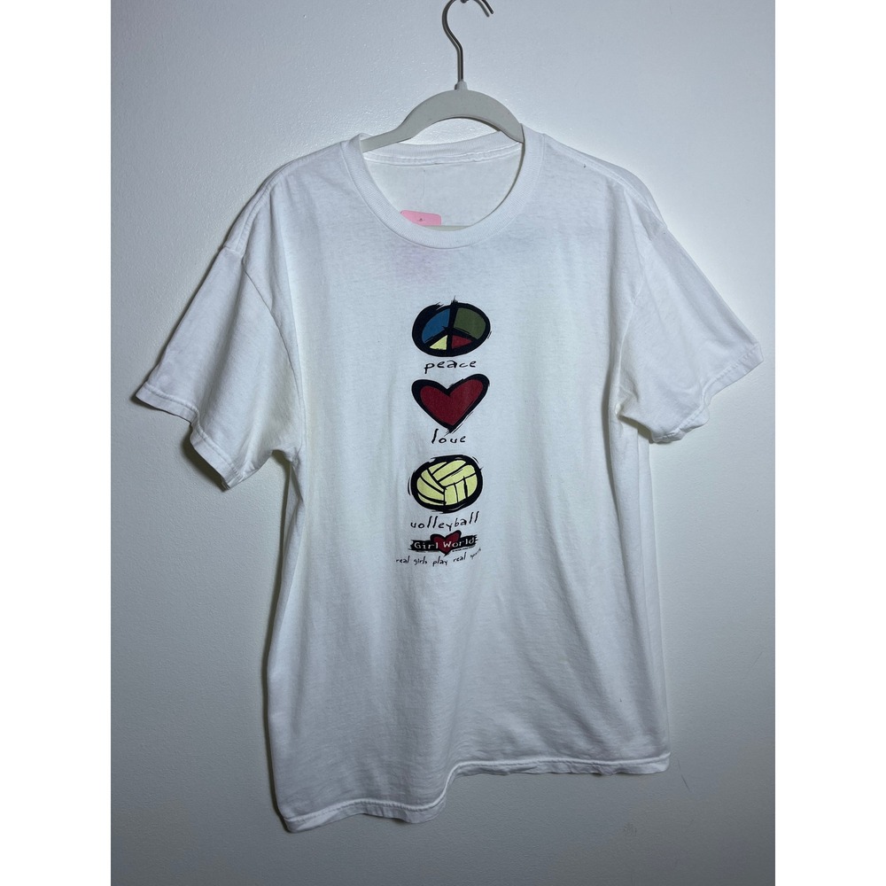 Girl World Peace Love Volleyball Graphic T-Shirt White Short Sleeve